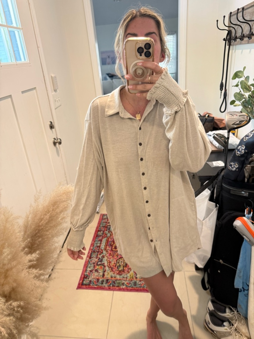 Free People Oversized Button-Front Shirt Dress in Beige - Picture 5 of 6